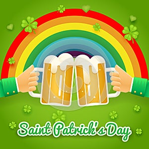 Saint Patrick Day Celebration Success and Prosperity Symbol Hands Holds Mug of Beer with Foam Icon on Stylish Background