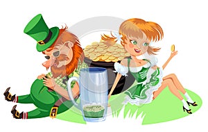 Saint patrick day characters, leprechaun and girl with mug of green beer, glass full alcohol ale, drunk man in cylinder