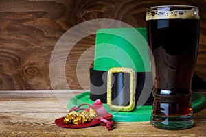 Saint Patrick day green leprechaun hat and big beer glass