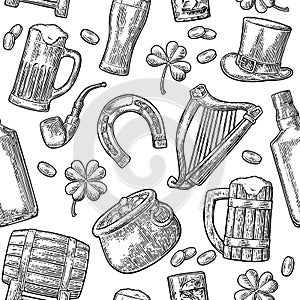 Saint Patrick Day. hat, Pot coins, pipe, beer, lyre, horseshoe