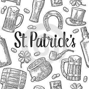 Saint Patrick Day. hat, Pot coins, pipe, beer, lyre, horseshoe