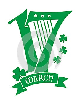 St. PatrickÃ¢â¬â¢s Day Irish Celtic Harp March 17 Date with Shamrocks and Banner Icon Design