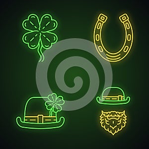 Saint Patrick Day neon light icons set