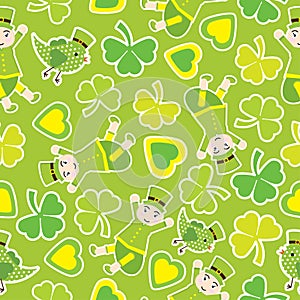 Saint Patrick Day`s seamless pattern with cute ant and shamrock leaves on green background