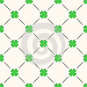 Saint Patrick day vector seamless pattern with shamrock leaves and lines, geometric silhouette clover background. Floral