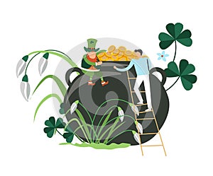 Saint Patrick holiday man leprechaun with pot filled with gold