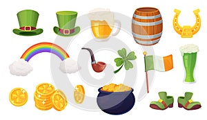 Saint patrick items. Ireland holiday lucky item, irish day fortune symbol luck shamrock pot gold coin flowers clover