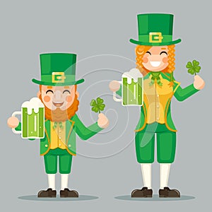 Saint Patrick Leprechaun Cute Gnome Girl Day Celebration Clover Success and Prosperity Symbol Mug of Beer with Foam Icon