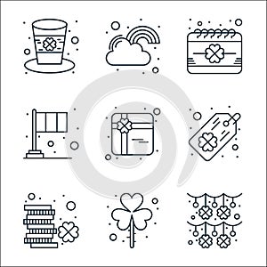 Saint patrick line icons. linear set. quality vector line set such as garland, clover, coins, tag, gift, flag, calendar, cloud