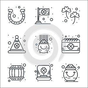 saint patrick line icons. linear set. quality vector line set such as gold pot, hat, barrel, calendar, gold pot, top hat, clover,