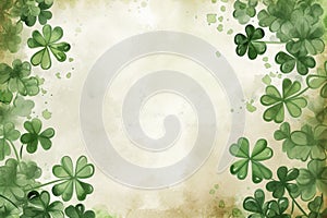 Saint Patrick's Day background, green shamrock border, textured old paper, festive design, copy space in center
