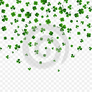 Saint Patrick`s Day Border with Green Four and Tree 3D Leaf Clovers on White Background. Irish Lucky and success symbols. Vector