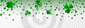 Saint Patrick`s Day Border with Green Four and Tree 3D Leaf Clovers on White Background. Irish Lucky and success symbols. Vector