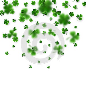 Saint Patrick`s Day Border with Green Four and Tree 3D Leaf Clovers on White Background. Irish Lucky and success symbols. Vector