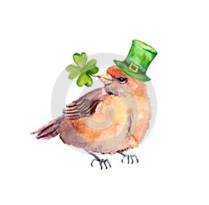 Saint Patrick`s Day card with funny bird in green leprechaun hat, 4 leaves clover. Watercolor