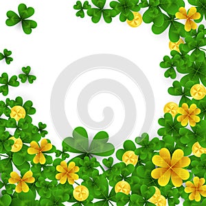 Saint Patrick s Day frame with green and gold four and three Leaf clovers,golden coins on white background. Party