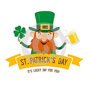 Saint Patrick`s Day. Funny Leprechaun with leaf clover and pint beer on a light background.