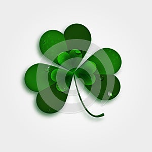 Saint Patrick`s Day green three leaf clover with dew drops isolated on white background. Holiday 3d icon. Vector illustration.