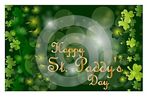 Saint Patrick's Day greeting card with sparkled green clover leaves and text