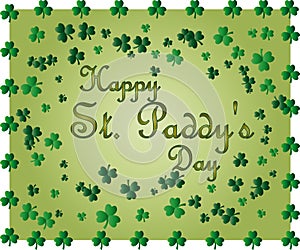 Saint Patrick's Day greeting card with sparkled green clover leaves and text. Inscription - Happy St. Paddys Day