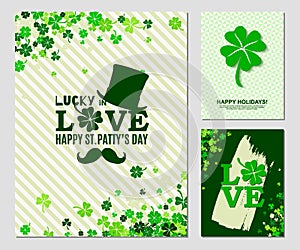 Saint Patrick`s Day greeting cards set with four leaved greenery clover and shamrock confetti. Three vector flyer design template