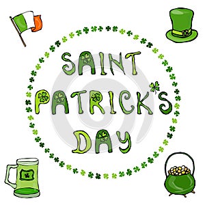 ' Saint Patrick's Day'. Hand drawn St. Patrick's Day lettering outline typography for postcard, card, flyer, banner template.