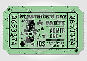 Saint Patrick`s Day party celebration invitation, ticket, admit one. Vintage style vector illustration