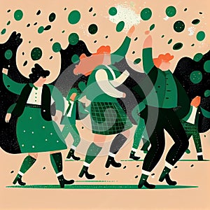 Saint Patrick \'s Day. Poster with funny dancing people in festive costumes. Art illustration