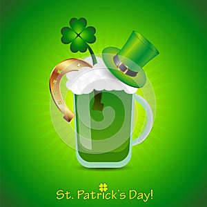 Saint Patrick`s Day poster with green beer, four-leaf clover, horseshoe and tube hat