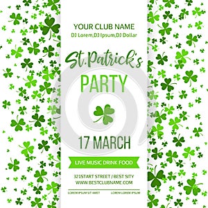 Saint Patrick s Day poster with green four and tree leaf clovers on white background. Vector illustration. Party