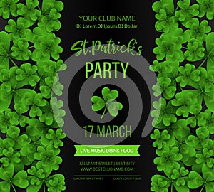 Saint Patrick s Day poster with green four and tree leaf clovers on white background. Vector illustration. Party