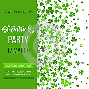 Saint Patrick s Day poster with green four and tree leaf clovers on white background. Vector illustration. Party