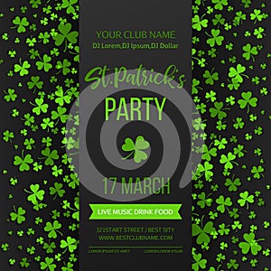 Saint Patrick s Day poster with green four and tree leaf clovers on white background. Vector illustration. Party