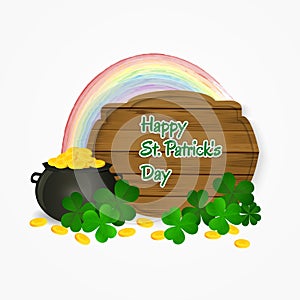 Saint Patrick's Day pot of gold and rainbow background. Vector illustration.