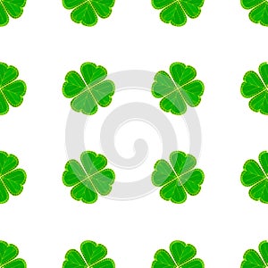 Saint Patrick`s Day seamless pattern with green mosaic clover leaves on white background.