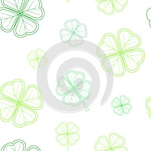 Saint Patrick`s Day seamless pattern with green tender clover leaves on white background.