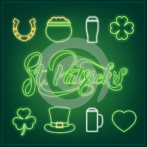 Saint Patrick`s Day. Set of neon icons and St. Patrick`s lettering. Patrick Day design elements