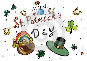 Saint Patrick's Day vector sketch illustration. Set of colorful icon collection.