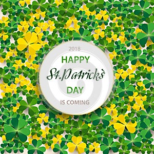 Saint Patrick`s Day Vertical Border with Green and Gold, Four and Tree Leaf Clovers on White Background. Vector illustration. Par