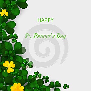 Saint Patrick`s Day Vertical Border with Green and Gold, Four and Tree Leaf Clovers on White Background. Vector photo