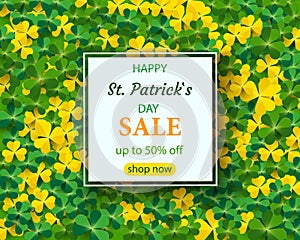 Saint Patrick`s Day Vertical Border with Green and Gold, Four and Tree Leaf Clovers on White Background. Vector