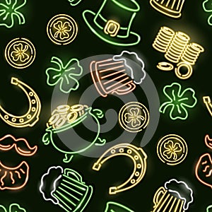 Saint Patrick's seamless pattern with neon glowing icons of shamrock, leprechauns hat, horseshoes, golden coins