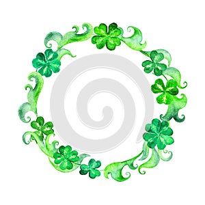 Saint Patrick wreath - trefoil leaves. Watercolor round border photo