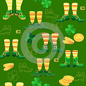 Saint Patrick's Day seamless pattern. Leprechaun shoes, clover, coins. Vector.