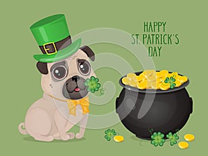 Saint Patricks Day ÃÂard with a cute pug in Leprechaun hat and pot of gold.