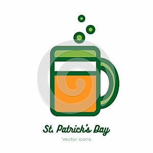 Saint Patricks day beer glass, pint mug, tankard vector icon. Orange green line art flat icon for logo, sign, button