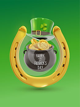 Saint Patricks day card, poster with treasure of leprechaun, pot full of golden coins, green hat and shamrock. Happy st. Patrick`