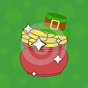 Saint Patricks Day Card With Treasure of Leprechaun, Pot Full of Golden Coins, Green Hat On Shamrock Background