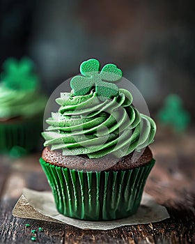 Saint Patricks Day cupcake in the rustic kitchen. Generative Ai