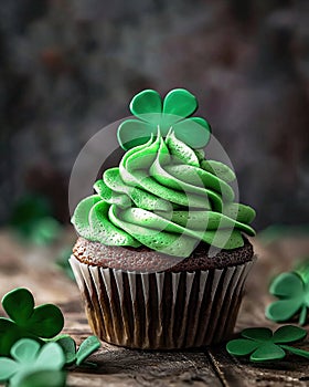 Saint Patricks Day cupcake in the rustic kitchen. Generative Ai
